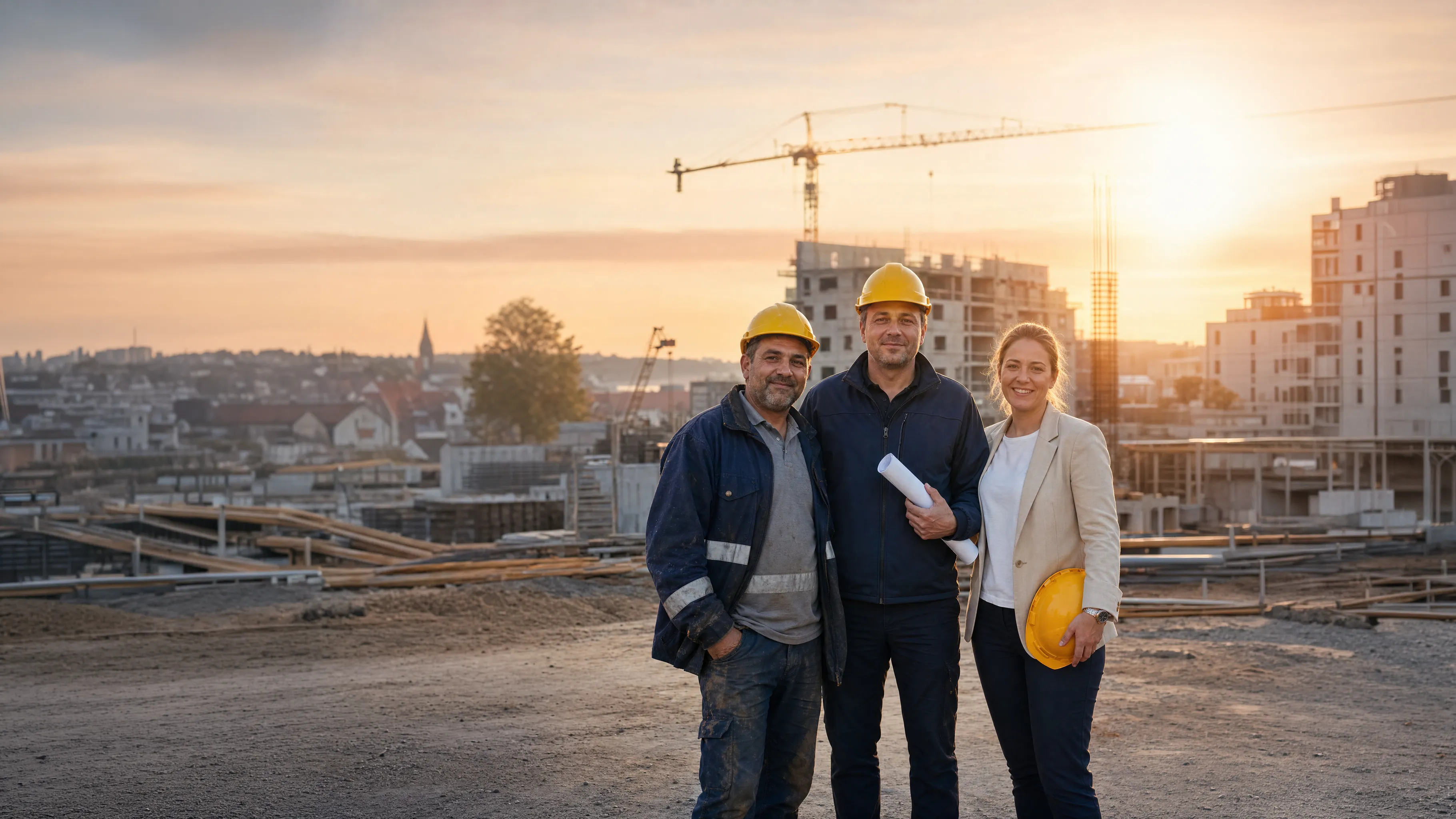 Drei Fachkräfte der Baubranche auf einer Baustelle